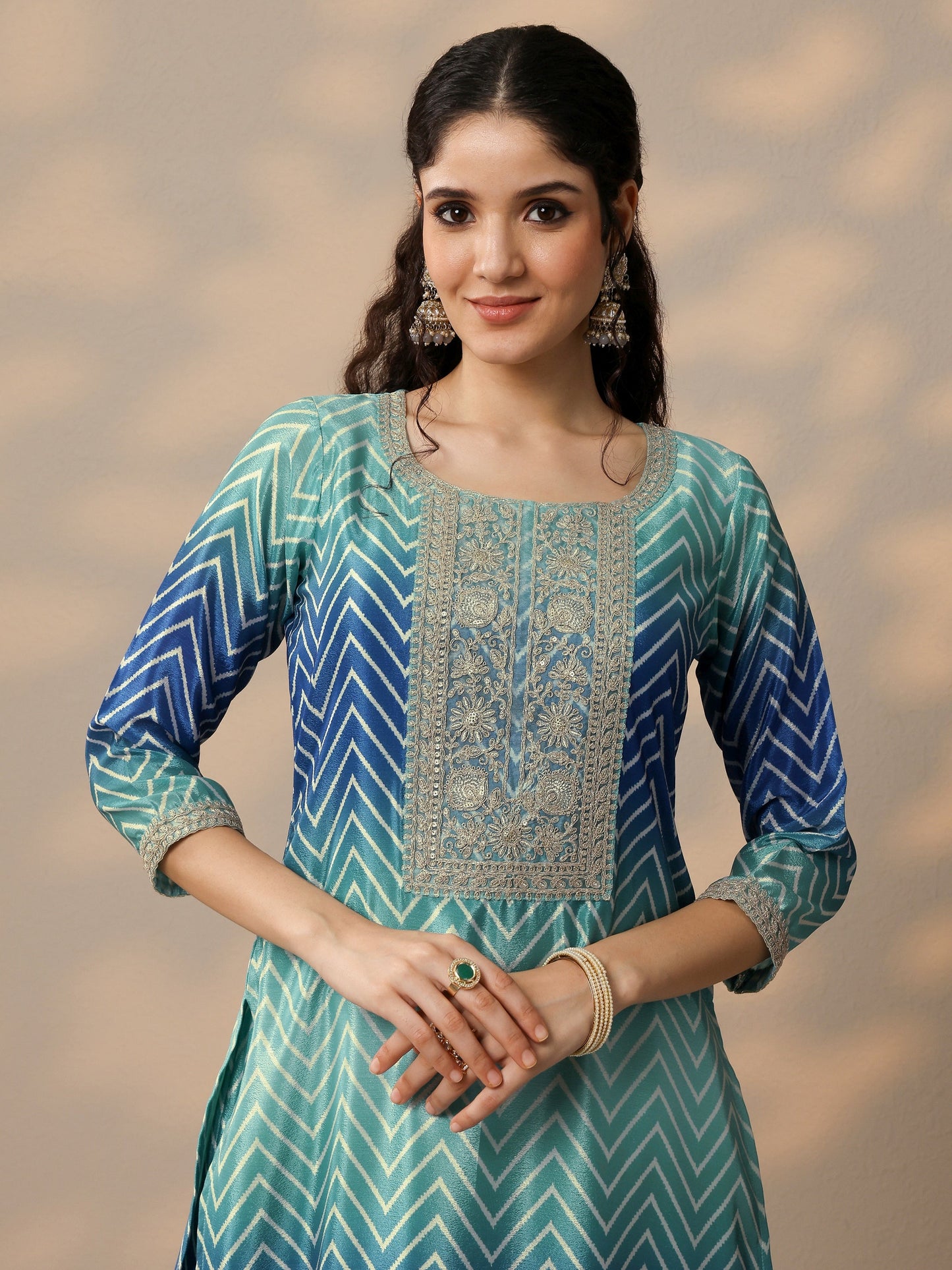 Blue Printed Chinon Straight Suit Set With Dupatta