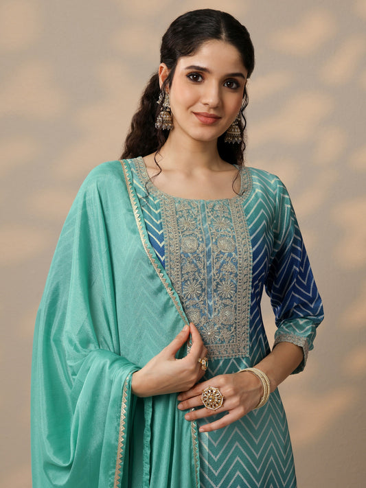 Blue Printed Chinon Straight Suit Set With Dupatta