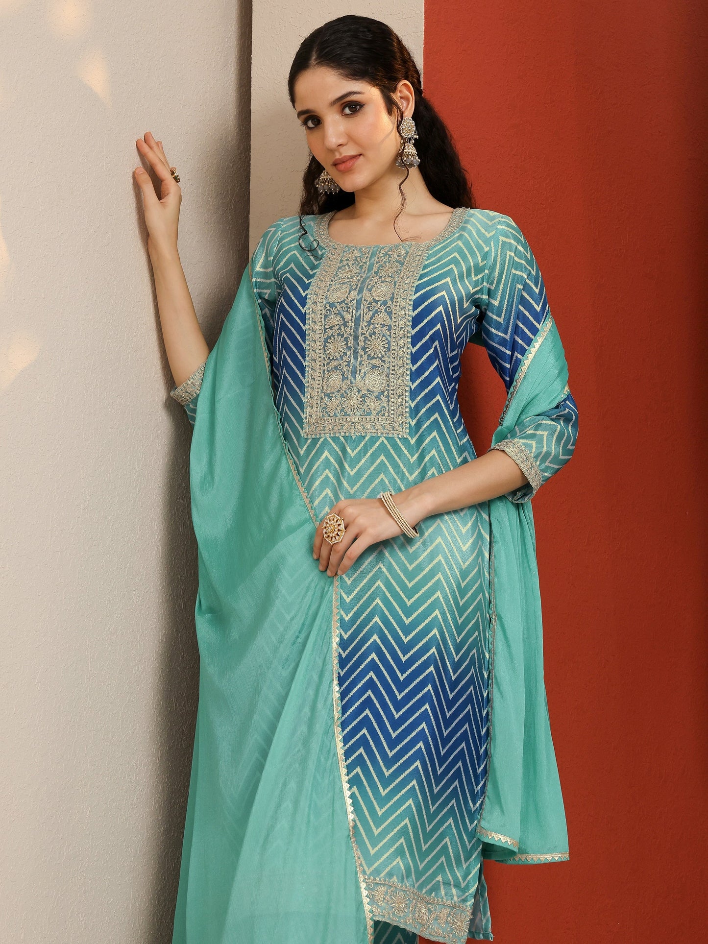 Blue Printed Chinon Straight Suit Set With Dupatta