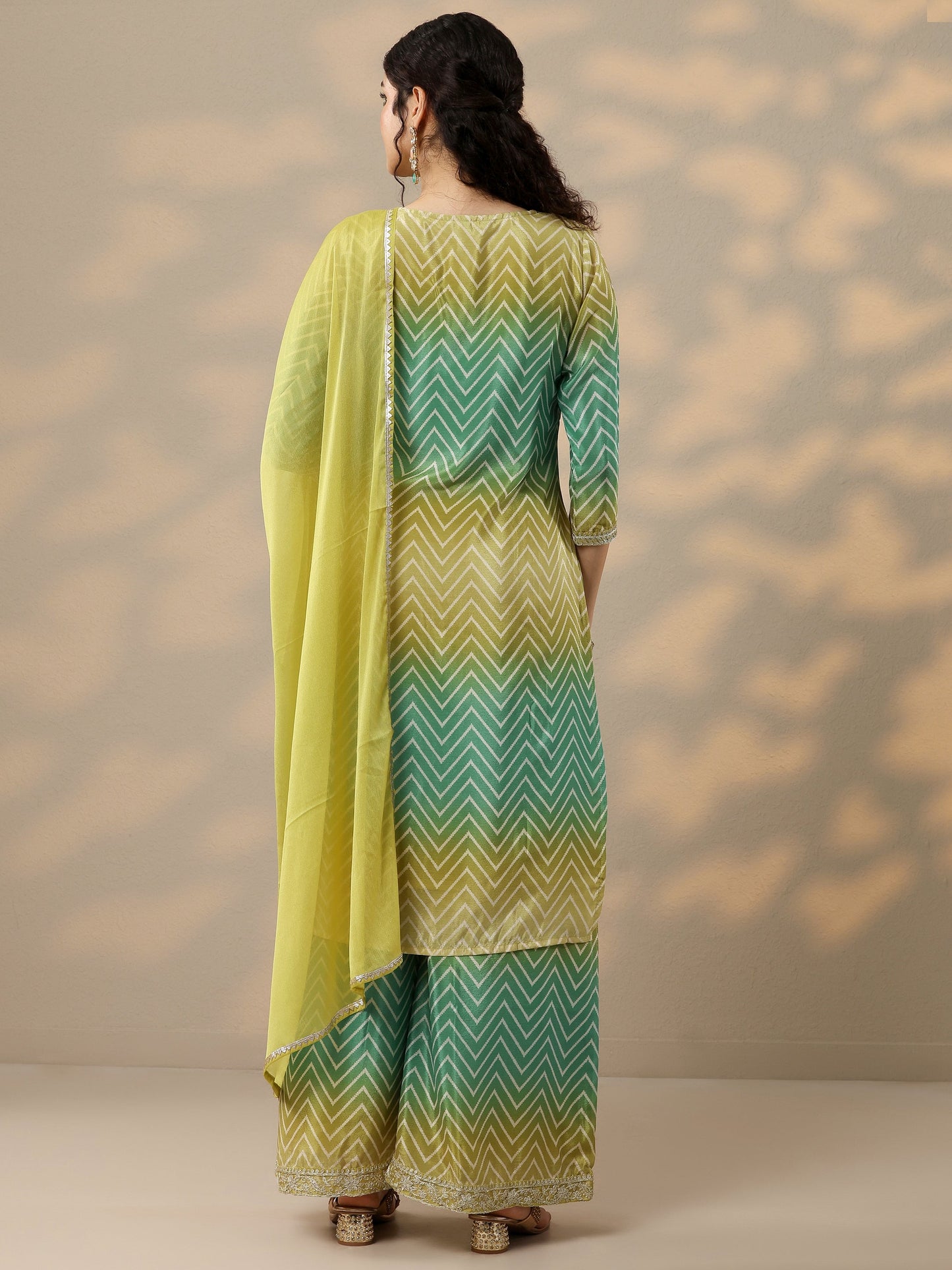 Green Printed Chinon Straight Suit Set With Dupatta