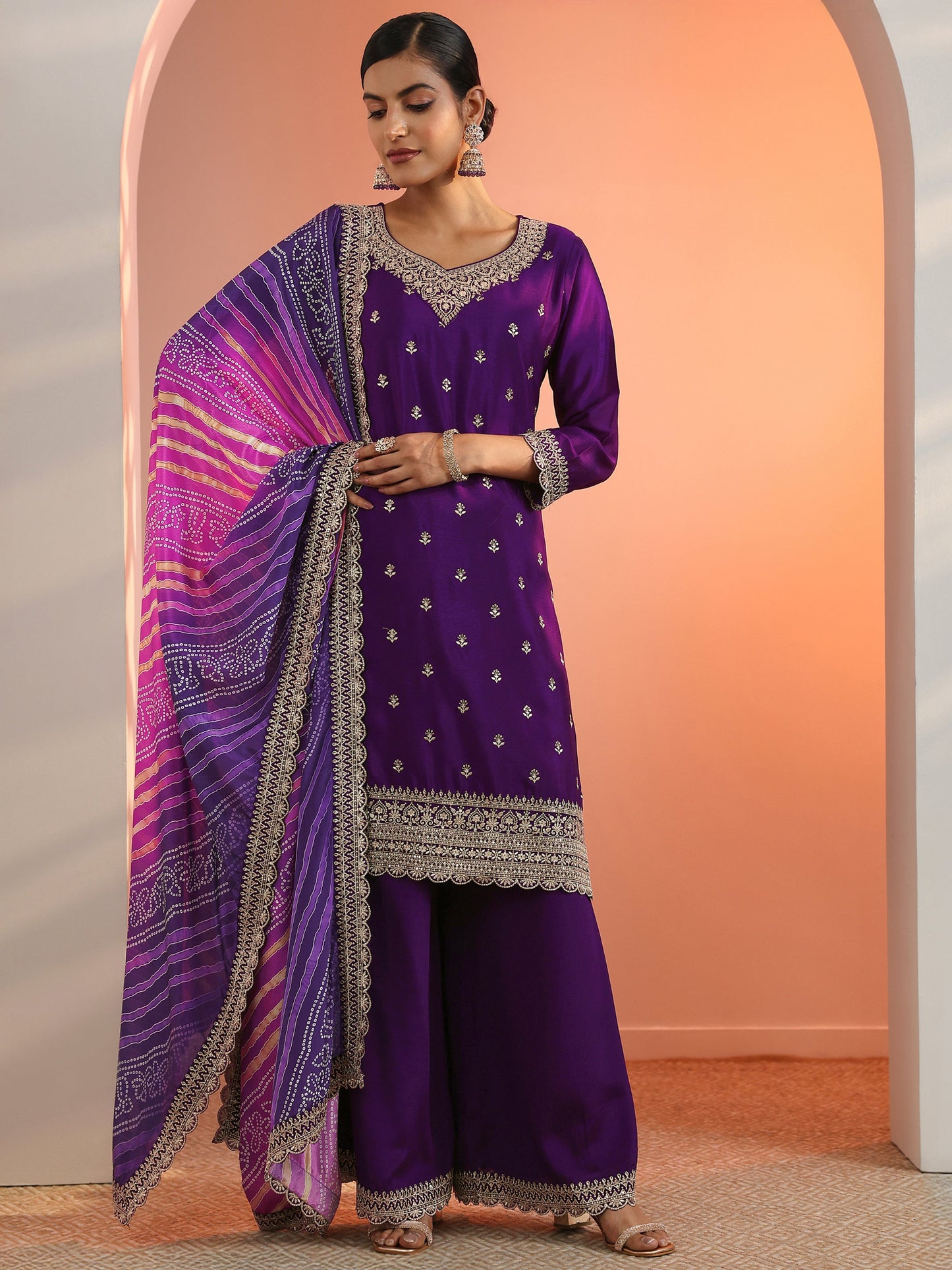 Purple Embroidered Chinon Straight Suit Set With Dupatta