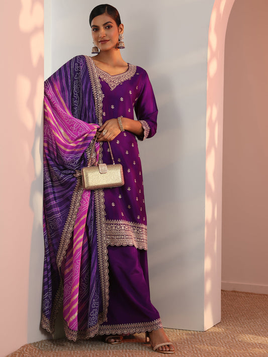 Purple Embroidered Chinon Straight Suit Set With Dupatta