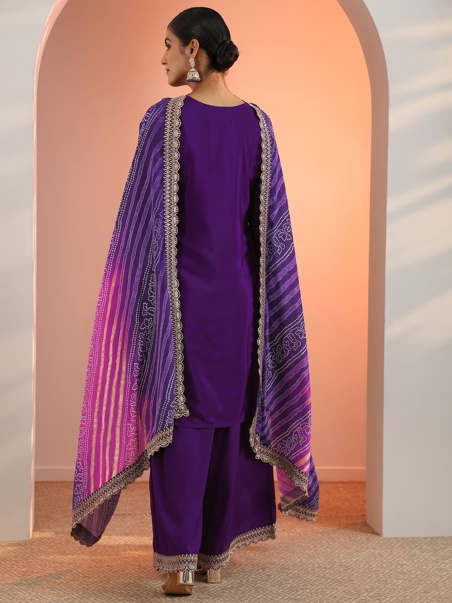 Purple Embroidered Chinon Straight Suit Set With Dupatta
