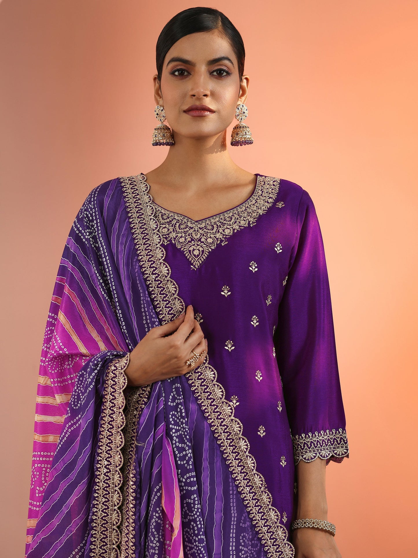 Purple Embroidered Chinon Straight Suit Set With Dupatta