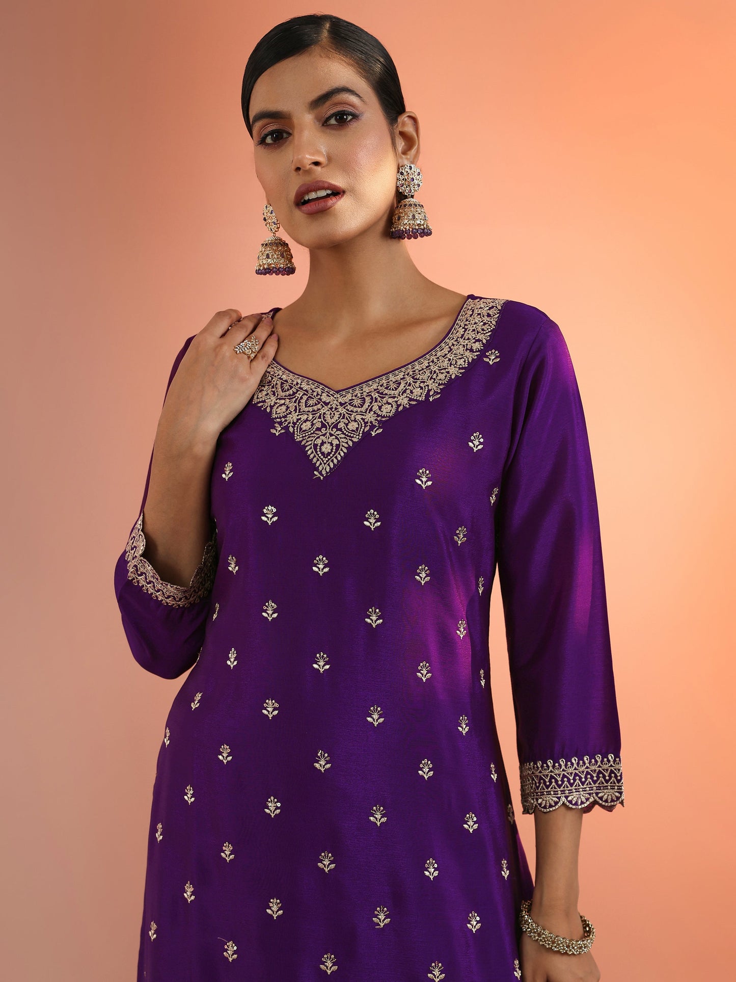 Purple Embroidered Chinon Straight Suit Set With Dupatta