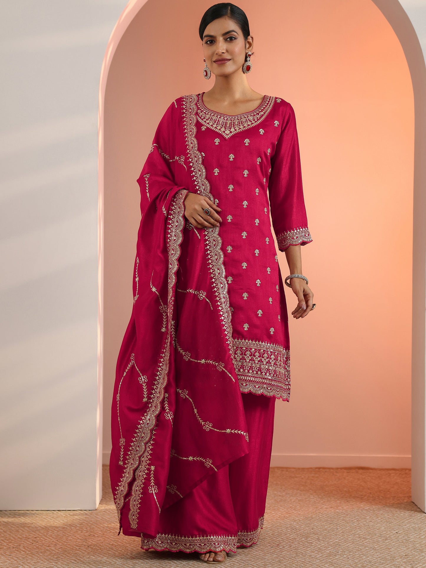 Red Embroidered Chinon Straight Suit Set With Dupatta
