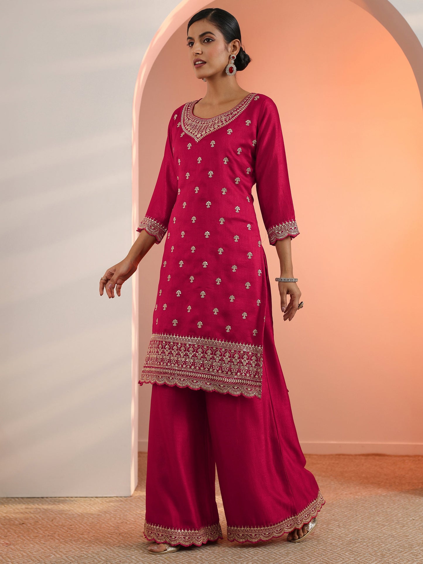 Red Embroidered Chinon Straight Suit Set With Dupatta
