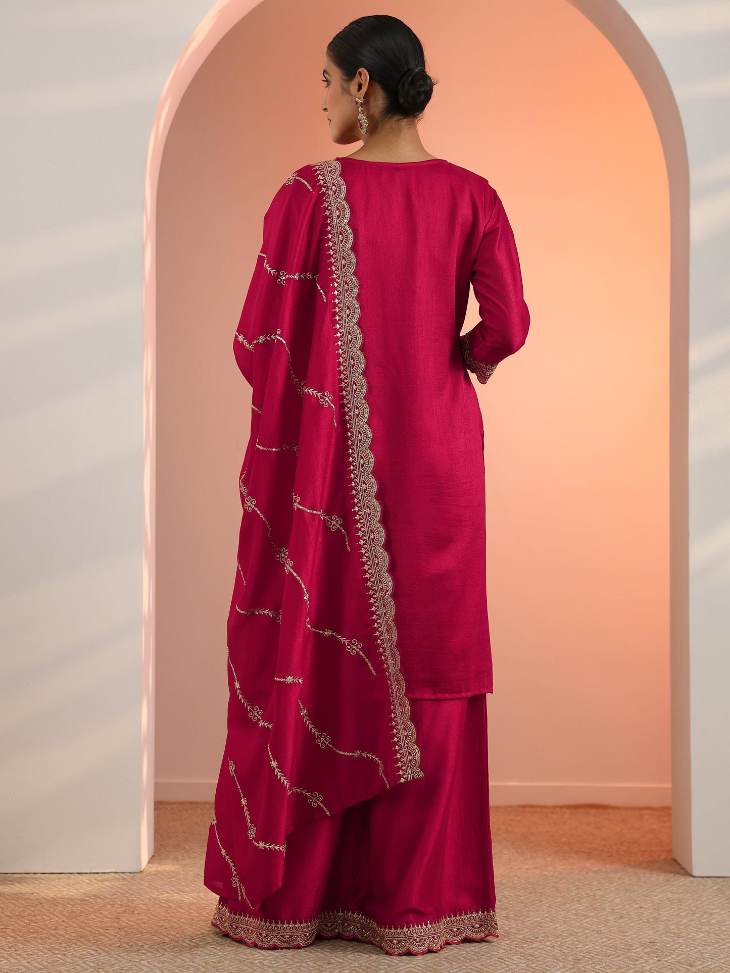 Red Embroidered Chinon Straight Suit Set With Dupatta