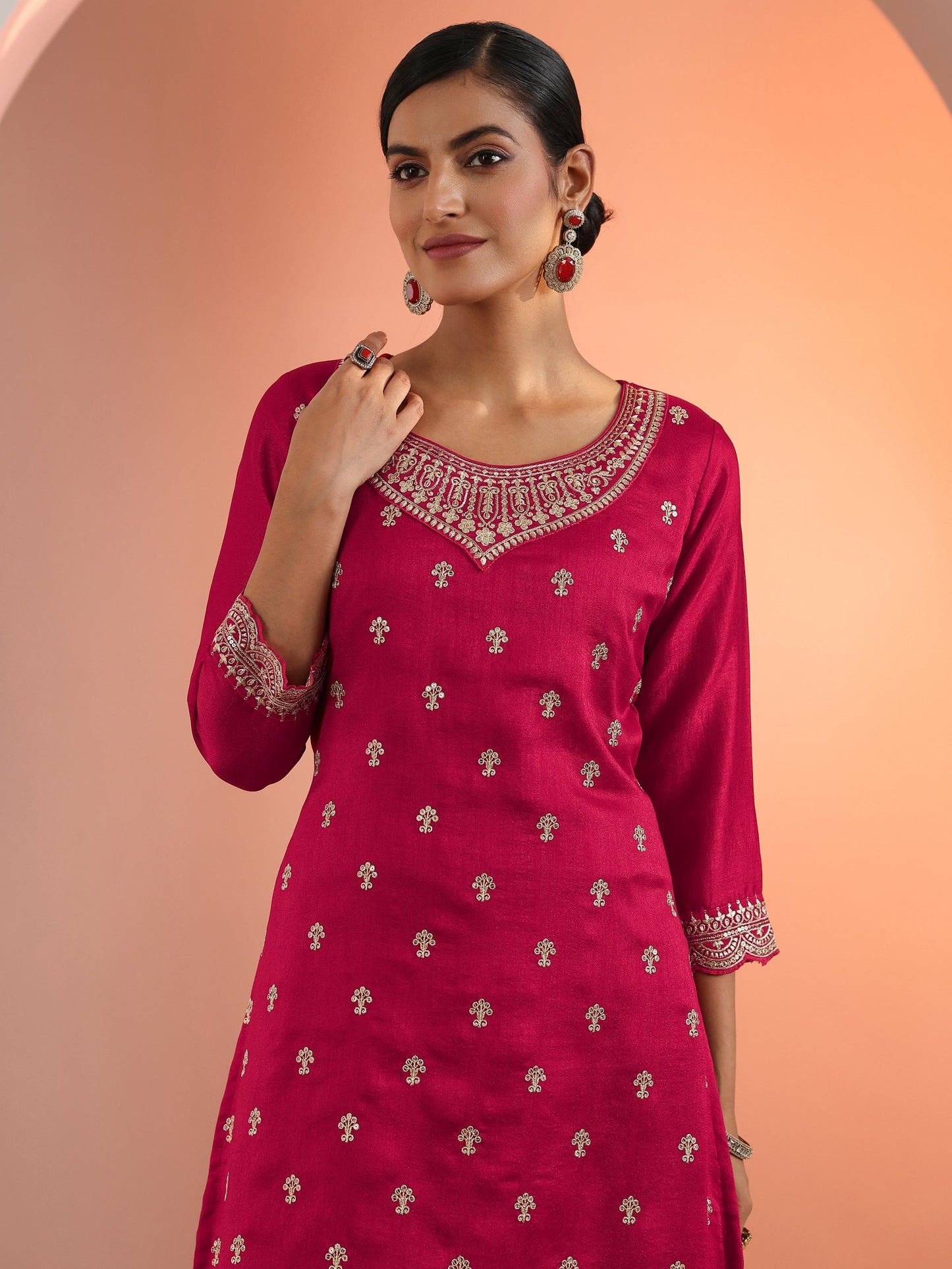 Red Embroidered Chinon Straight Suit Set With Dupatta