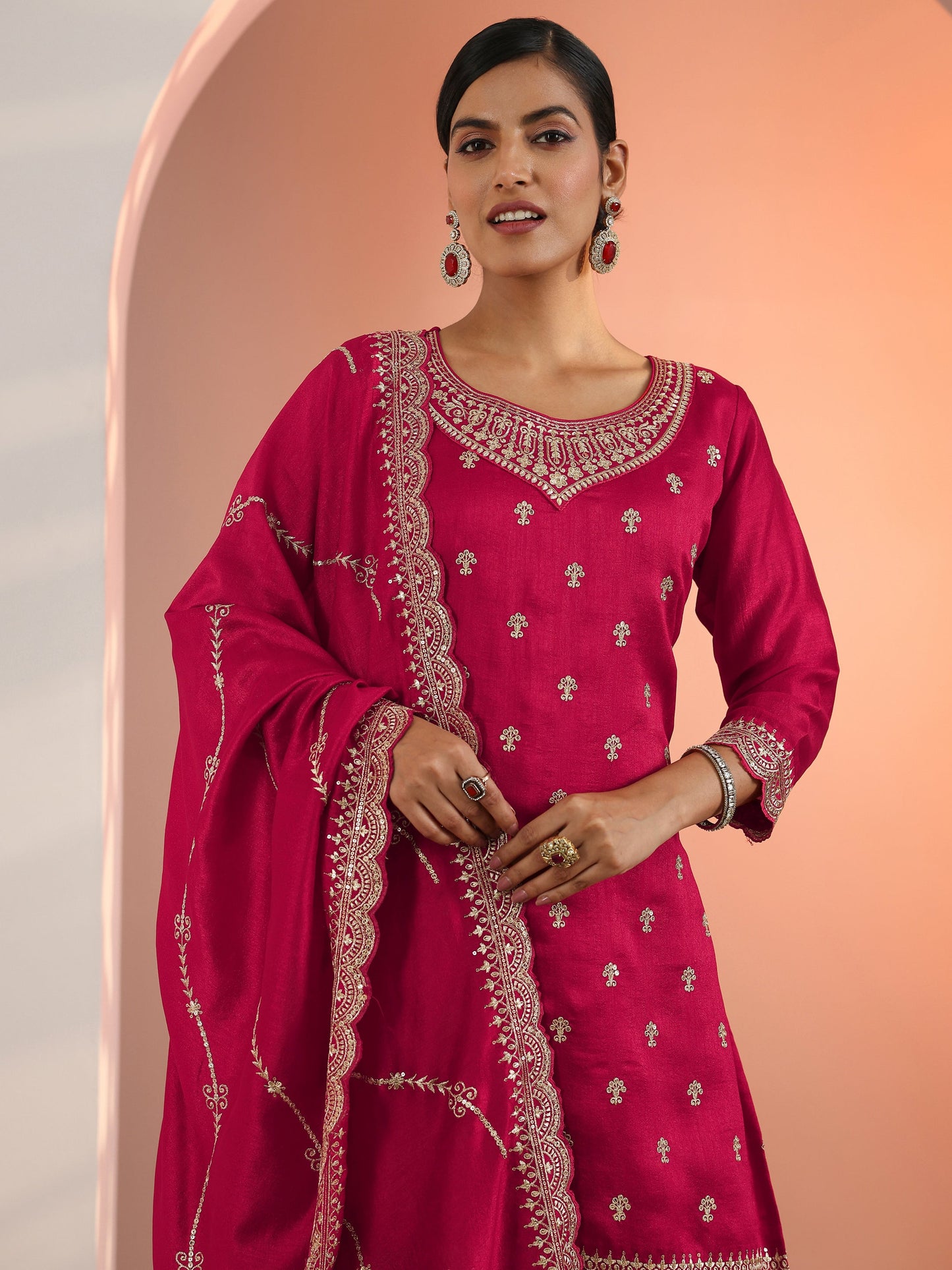 Red Embroidered Chinon Straight Suit Set With Dupatta