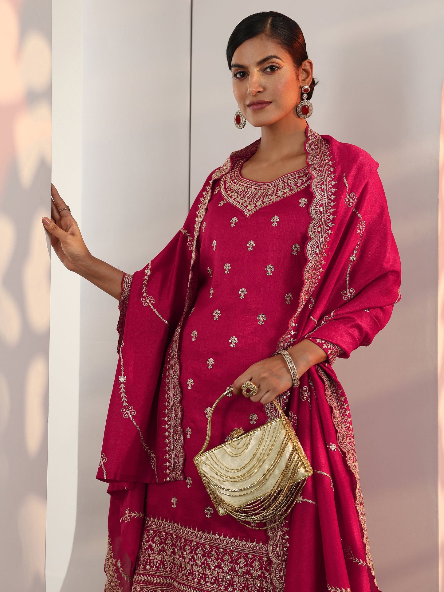Red Embroidered Chinon Straight Suit Set With Dupatta