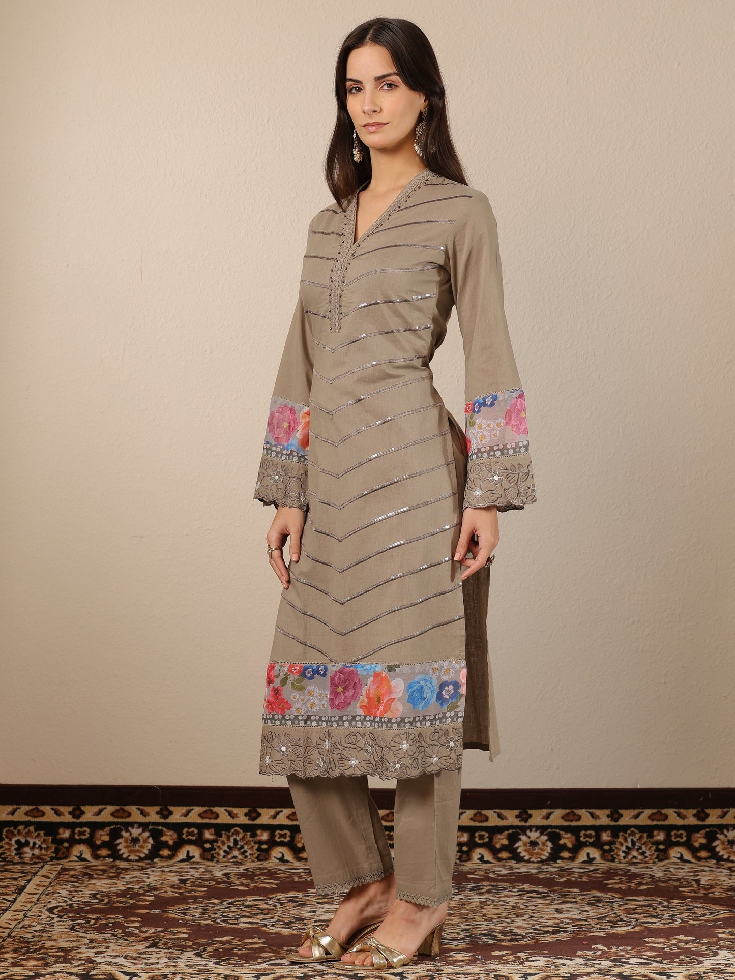 Grey Embroidered Cotton Straight Suit Set With Dupatta