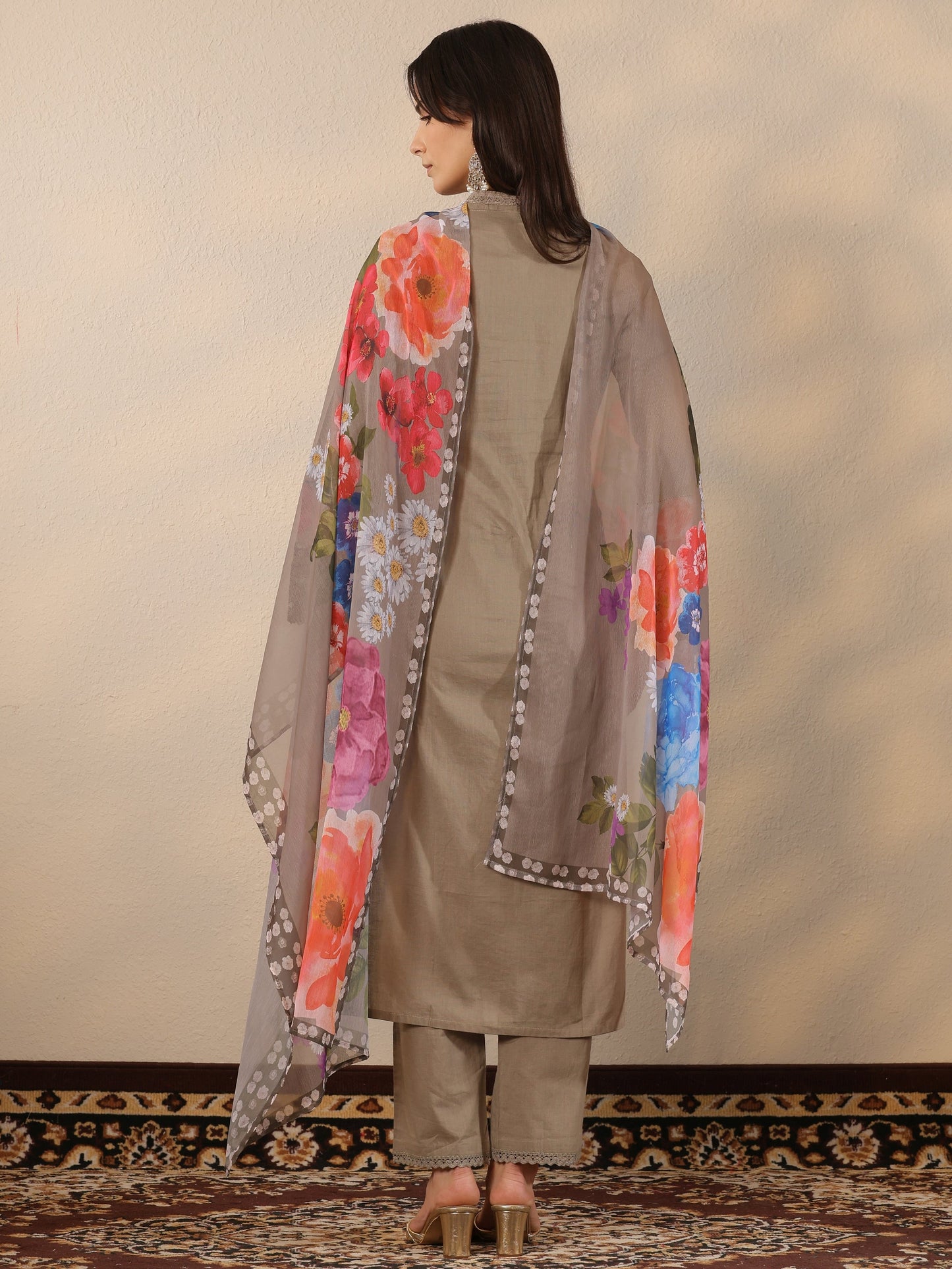 Grey Embroidered Cotton Straight Suit Set With Dupatta