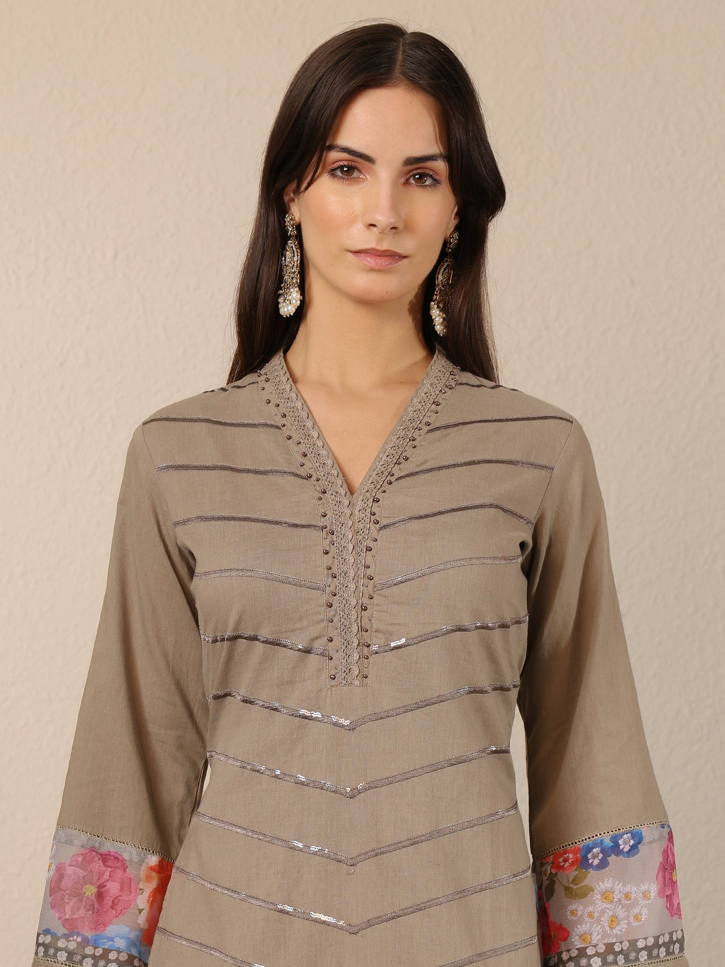 Grey Embroidered Cotton Straight Suit Set With Dupatta