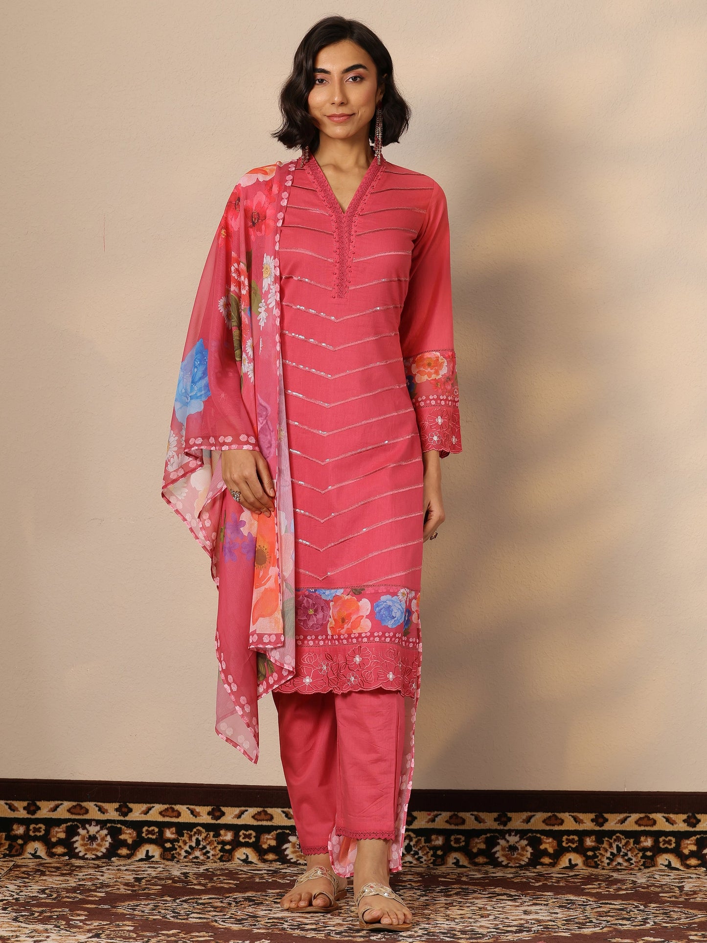 Pink Embroidered Cotton Straight Suit Set With Dupatta