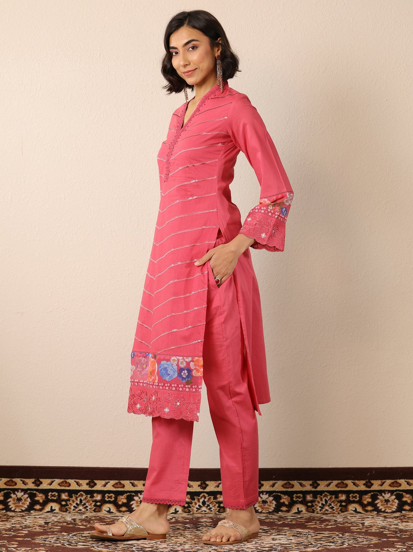 Pink Embroidered Cotton Straight Suit Set With Dupatta