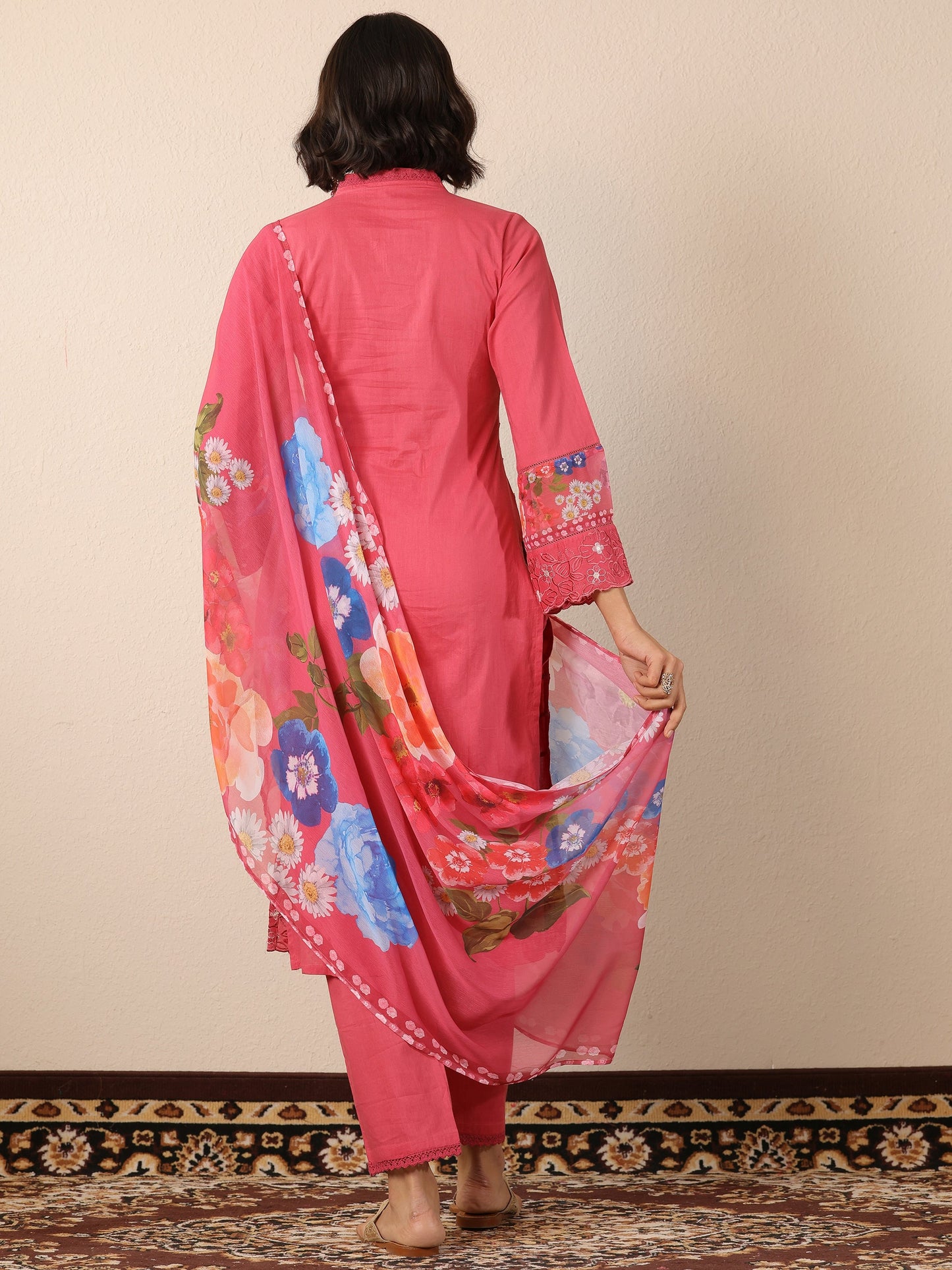 Pink Embroidered Cotton Straight Suit Set With Dupatta