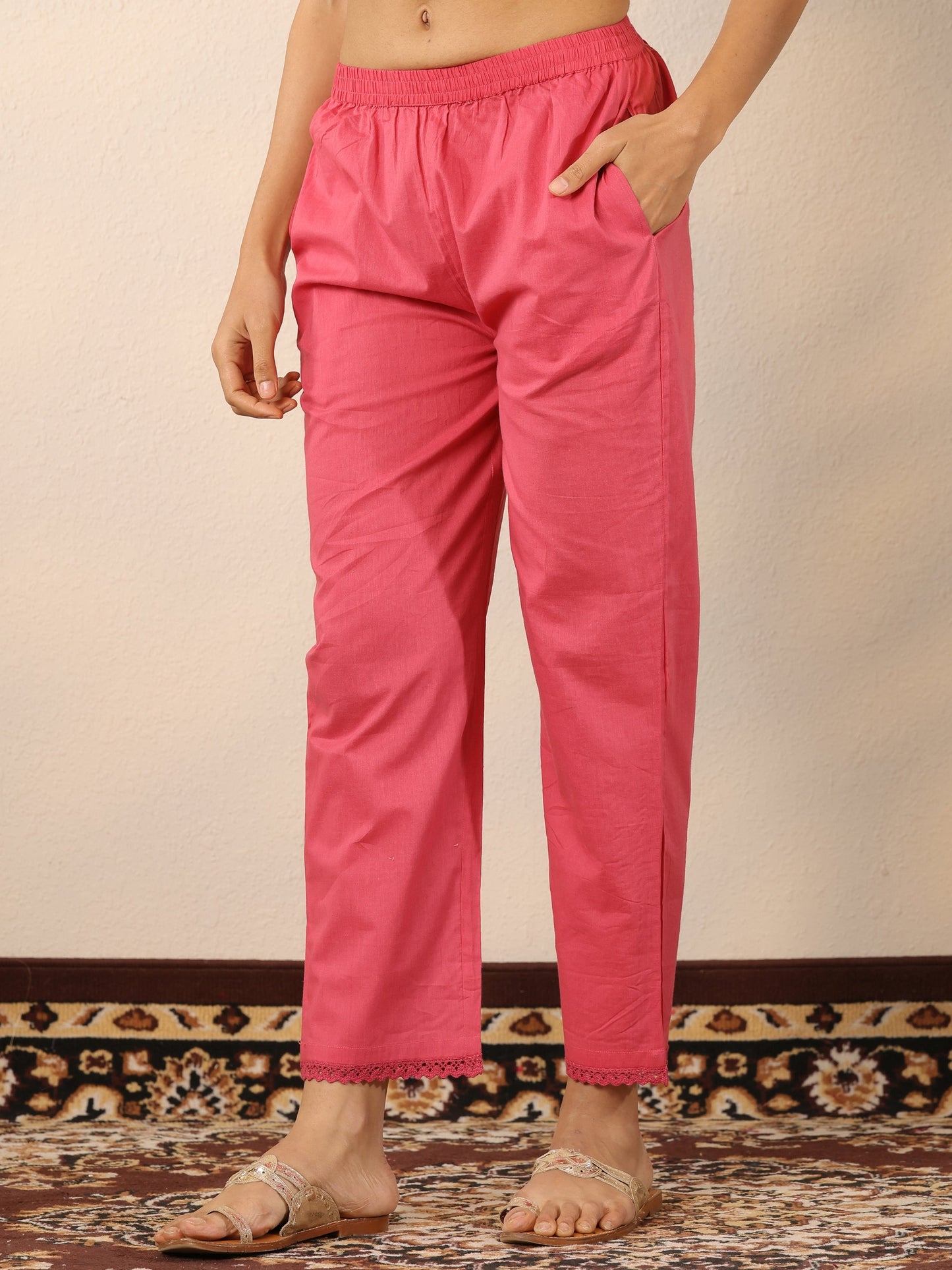 Pink Embroidered Cotton Straight Suit Set With Dupatta