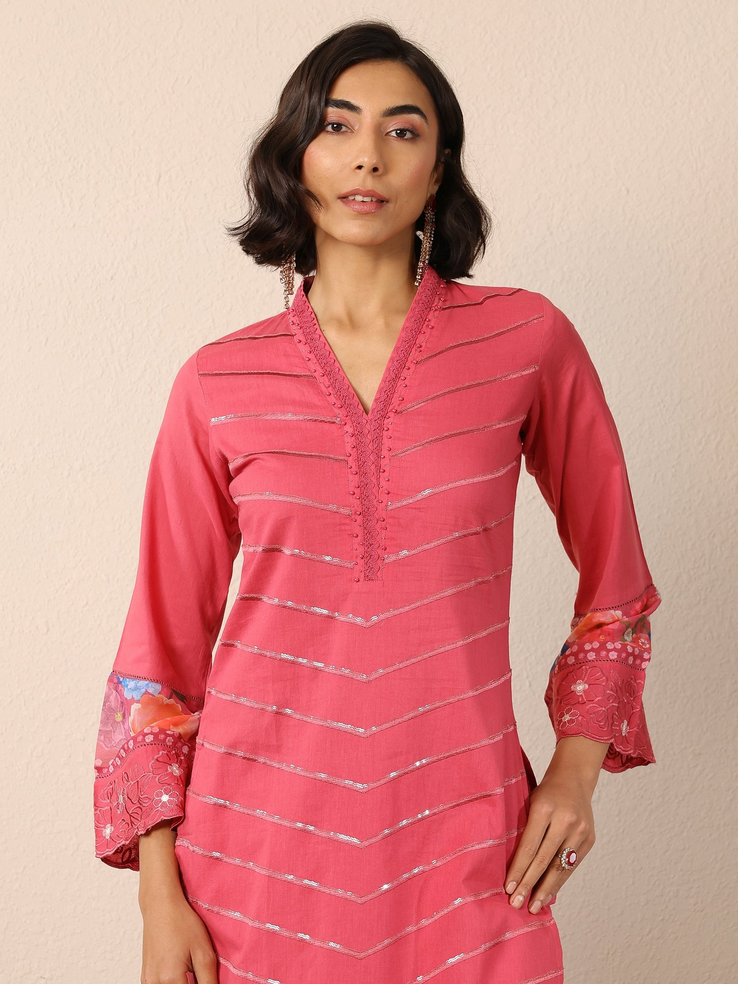 Pink Embroidered Cotton Straight Suit Set With Dupatta