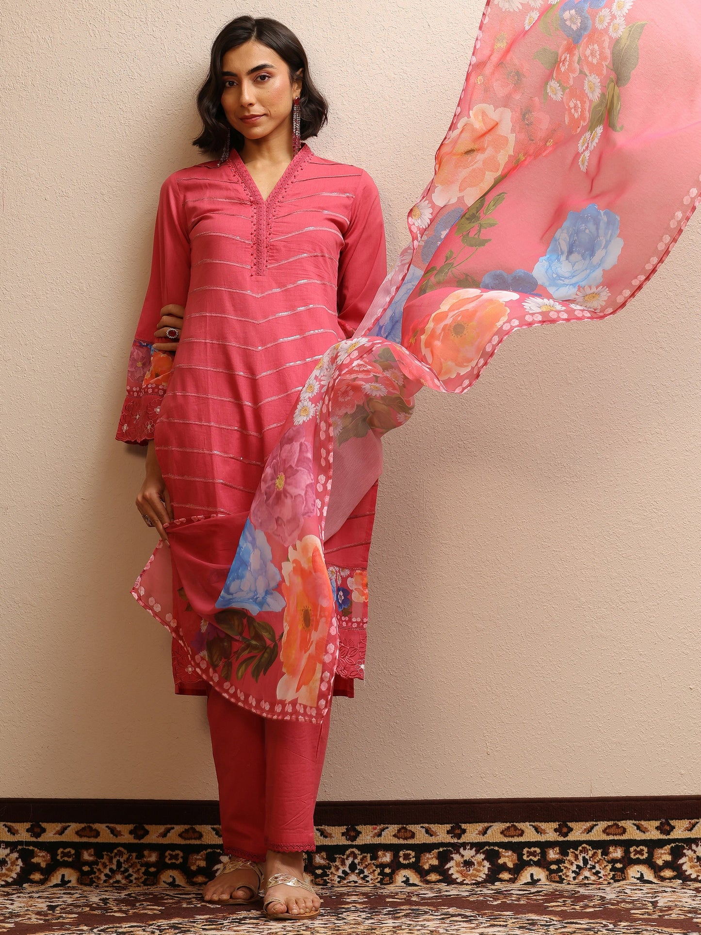 Pink Embroidered Cotton Straight Suit Set With Dupatta