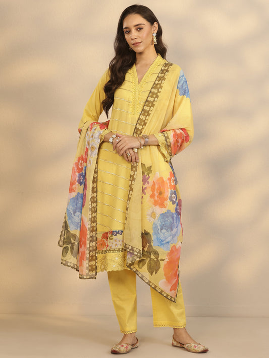 Yellow Printed Cotton Straight Suit Set With Dupatta