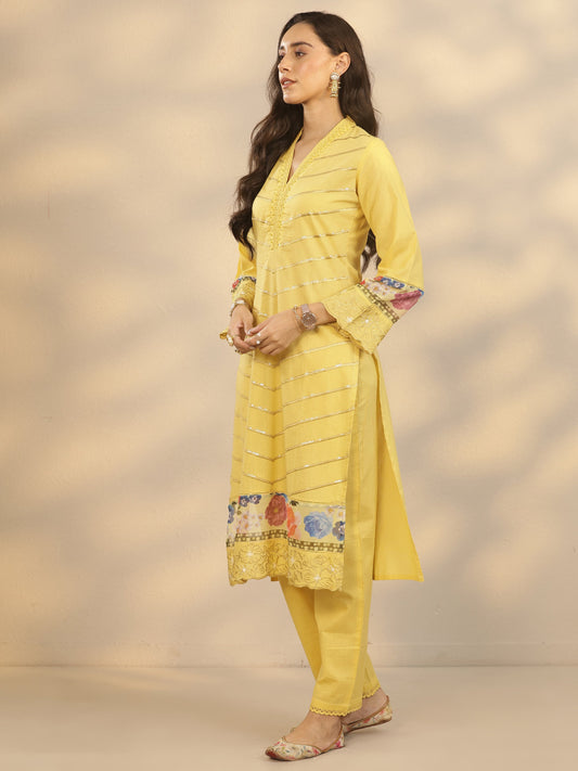 Yellow Printed Cotton Straight Suit Set With Dupatta