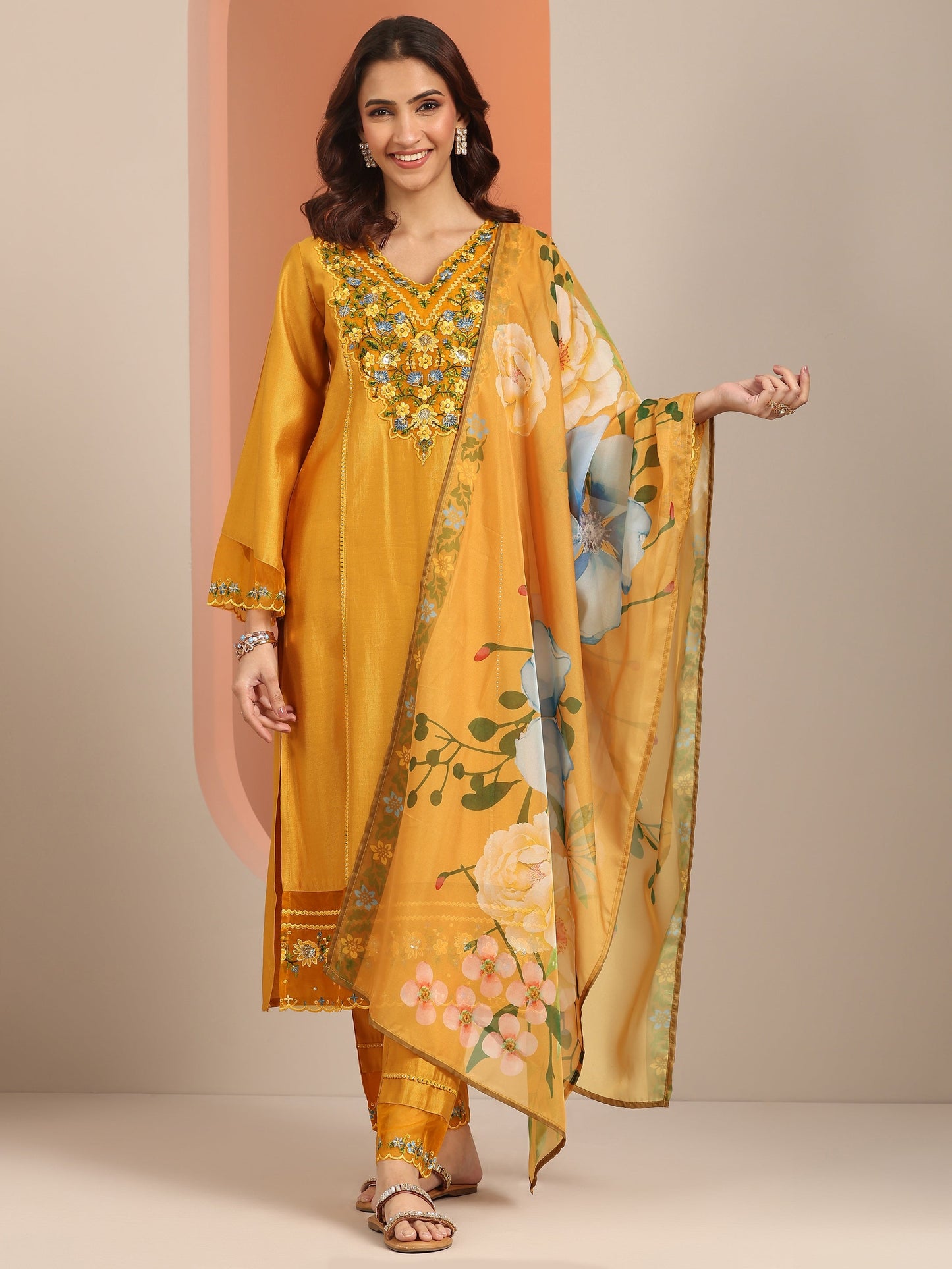 Mustard Embroidered Silk Blend Straight Suit Set With Dupatta