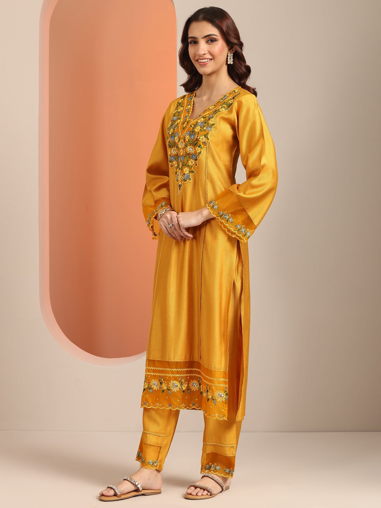 Mustard Embroidered Silk Blend Straight Suit Set With Dupatta