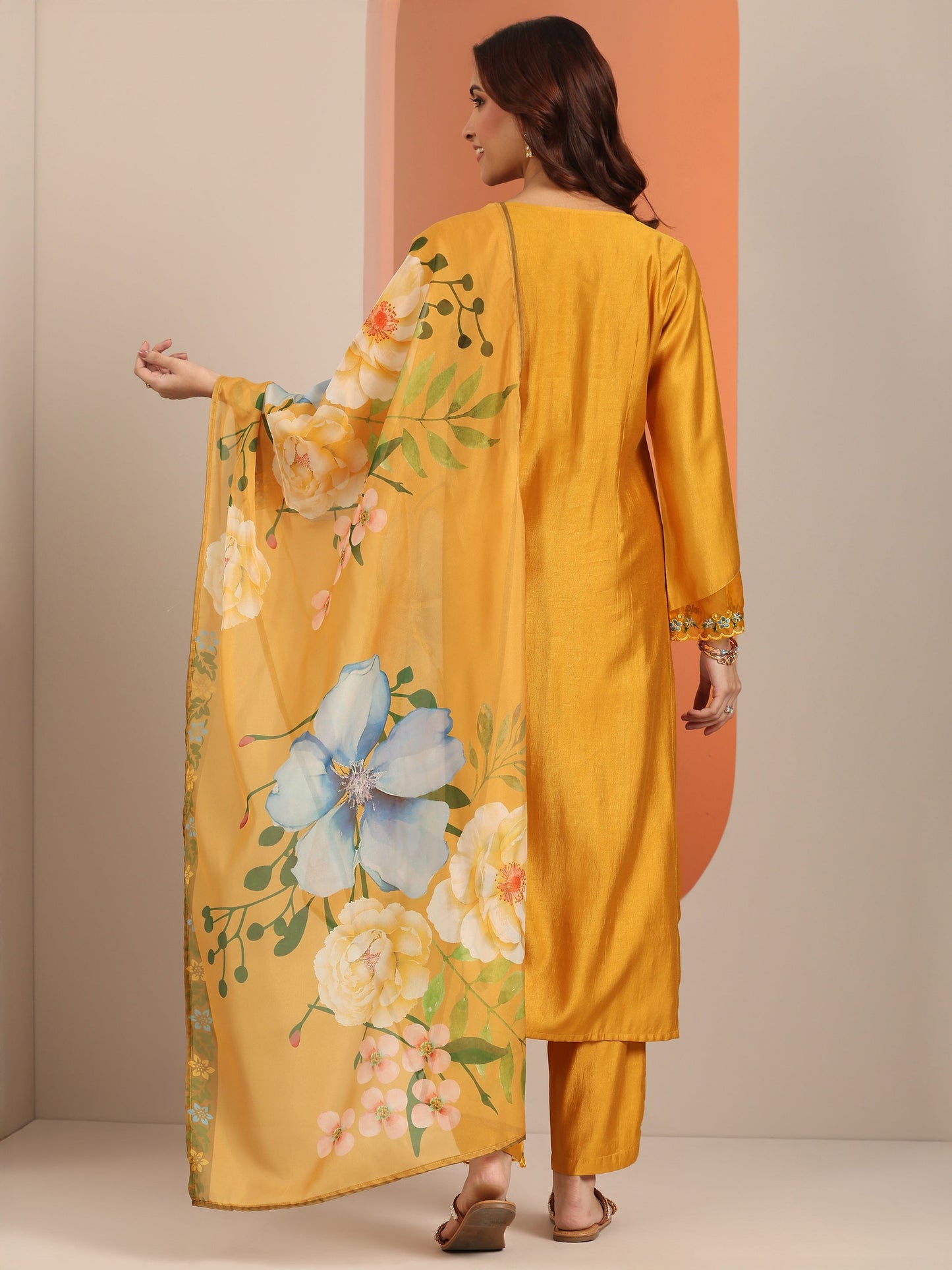 Mustard Embroidered Silk Blend Straight Suit Set With Dupatta