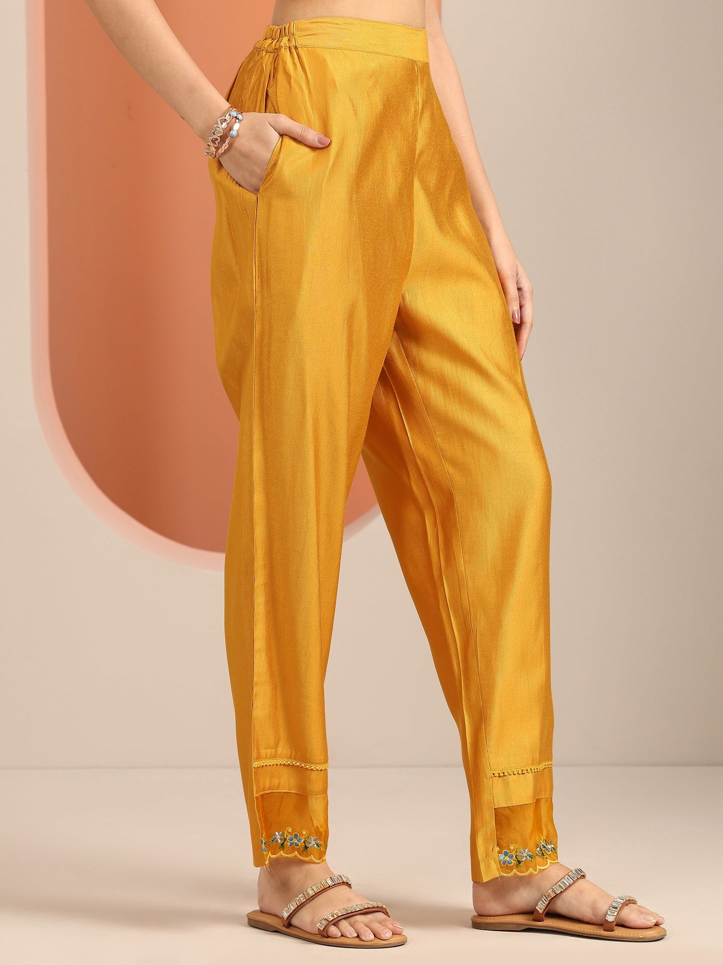 Mustard Embroidered Silk Blend Straight Suit Set With Dupatta