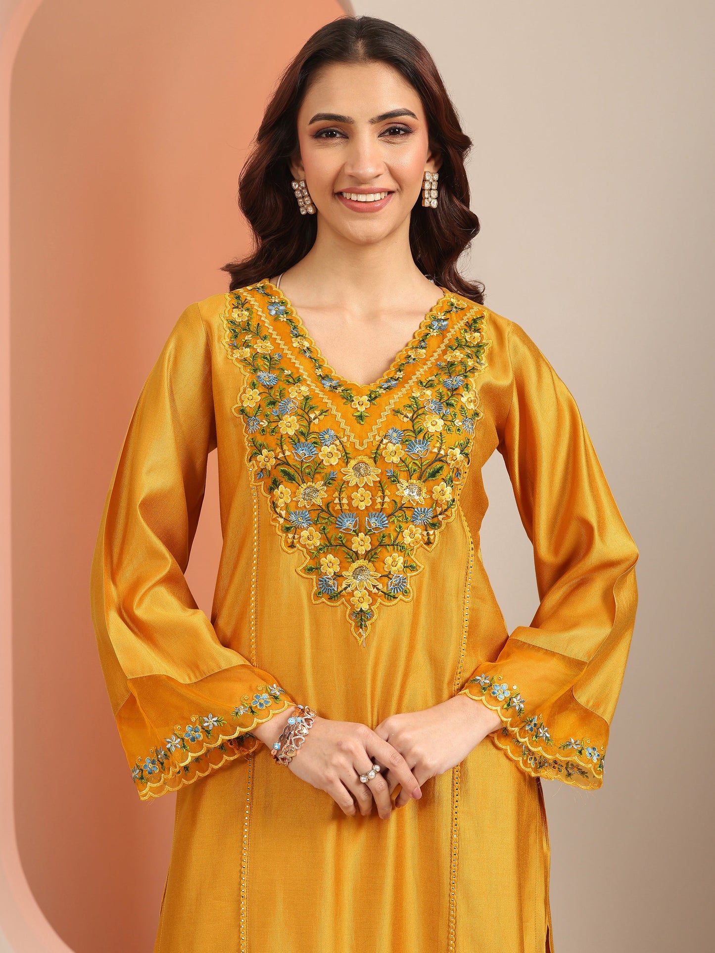 Mustard Embroidered Silk Blend Straight Suit Set With Dupatta