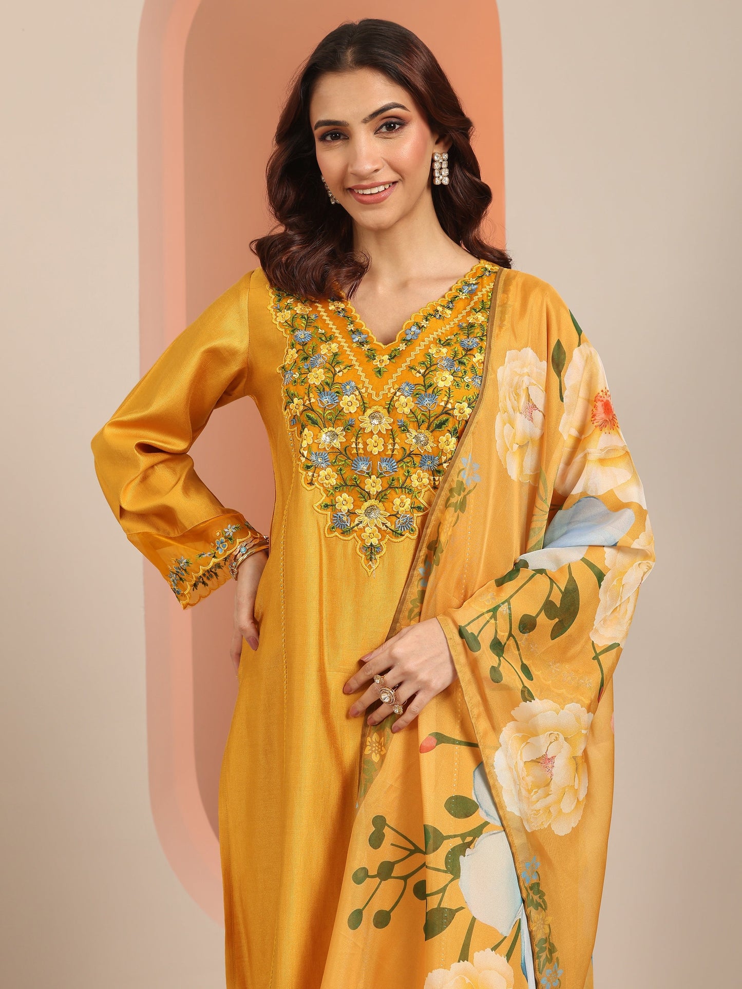 Mustard Embroidered Silk Blend Straight Suit Set With Dupatta