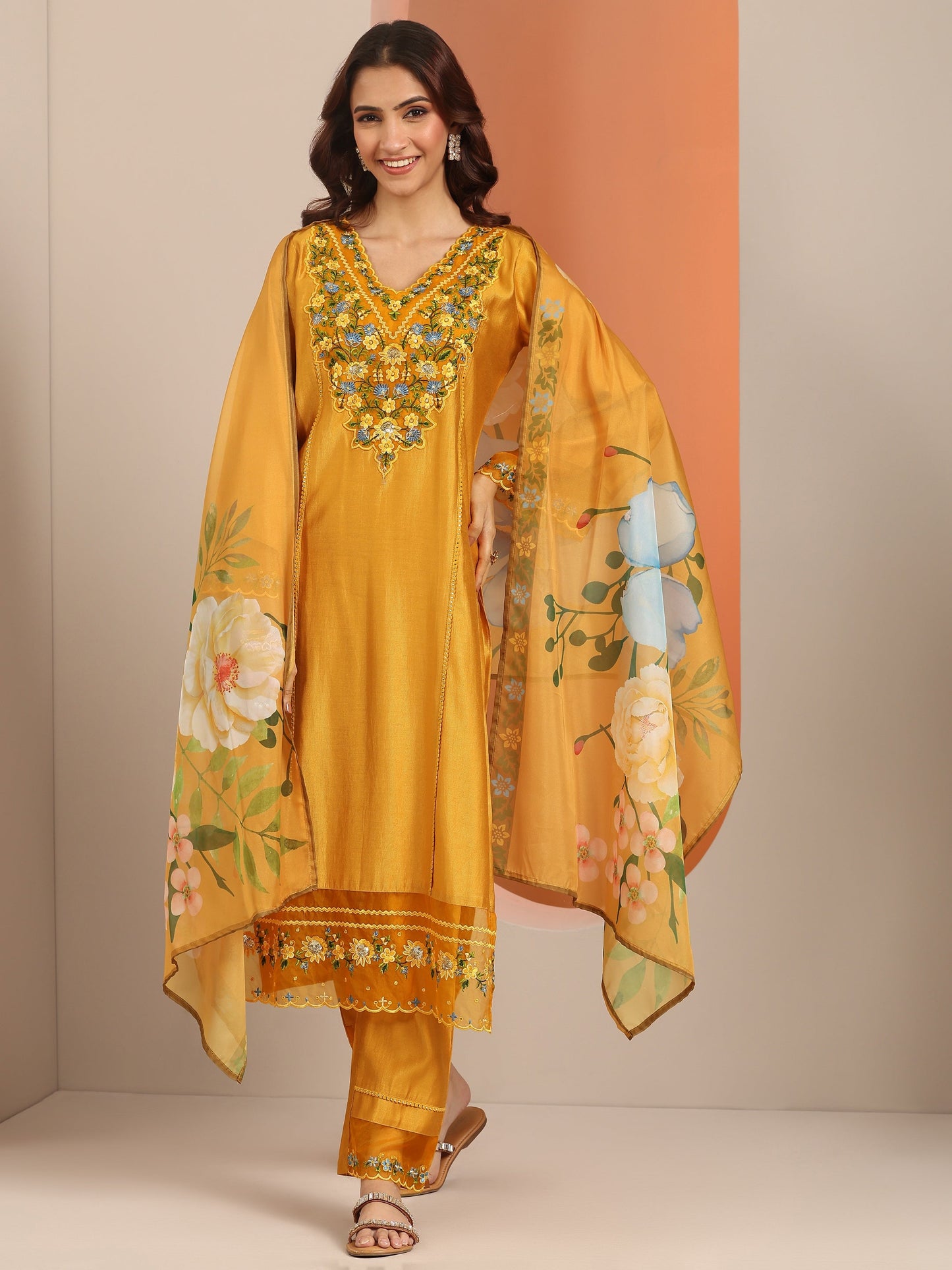 Mustard Embroidered Silk Blend Straight Suit Set With Dupatta