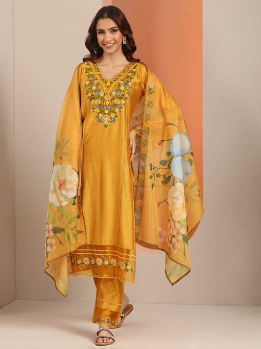 Mustard Embroidered Silk Blend Straight Suit Set With Dupatta
