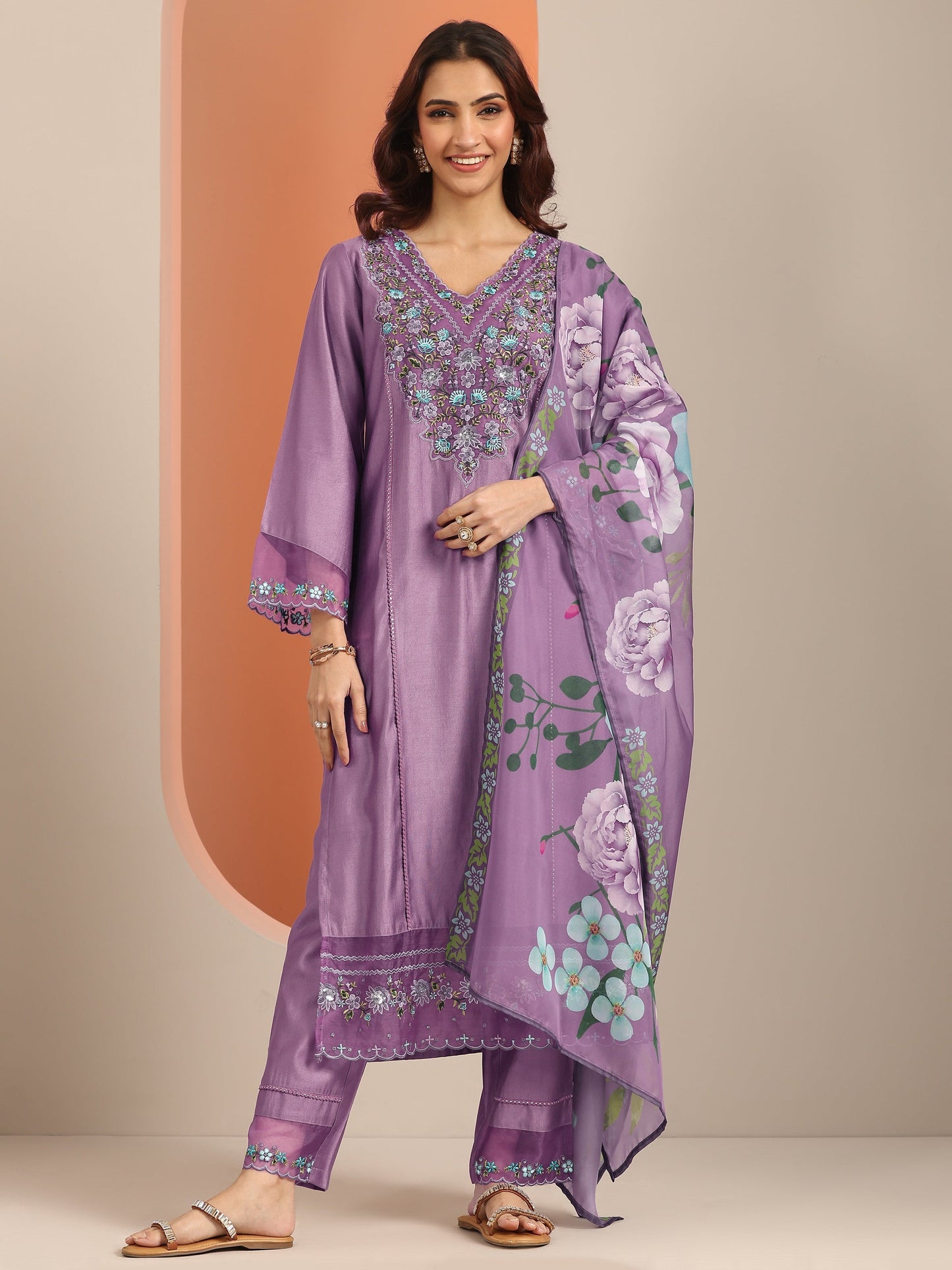 Mauve Embroidered Silk Blend Straight Suit Set With Dupatta