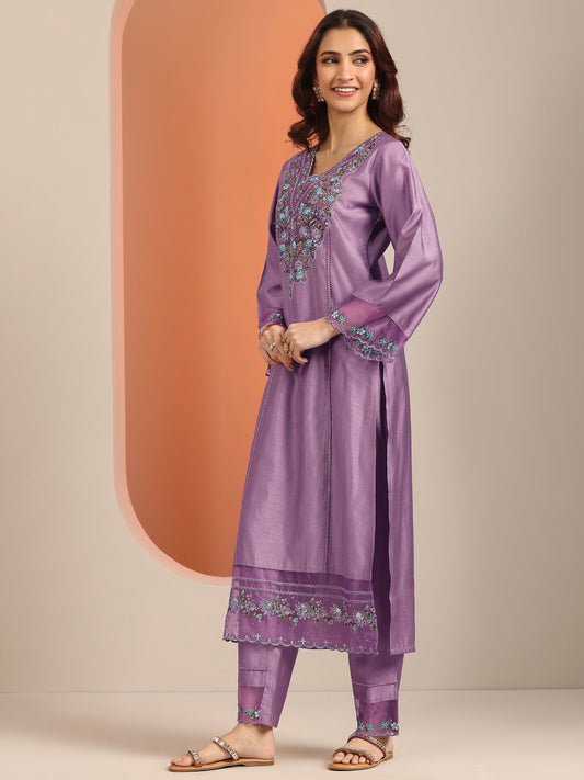 Mauve Embroidered Silk Blend Straight Suit Set With Dupatta