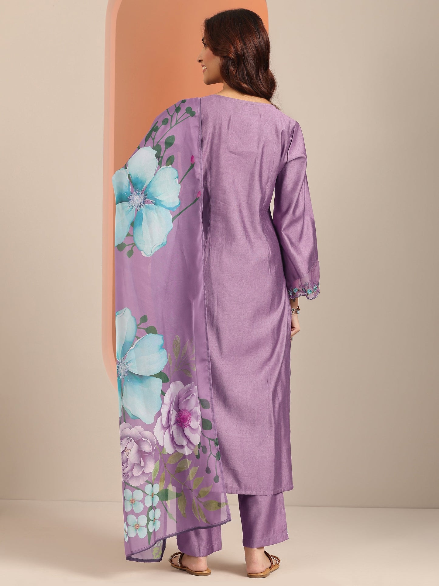 Mauve Embroidered Silk Blend Straight Suit Set With Dupatta