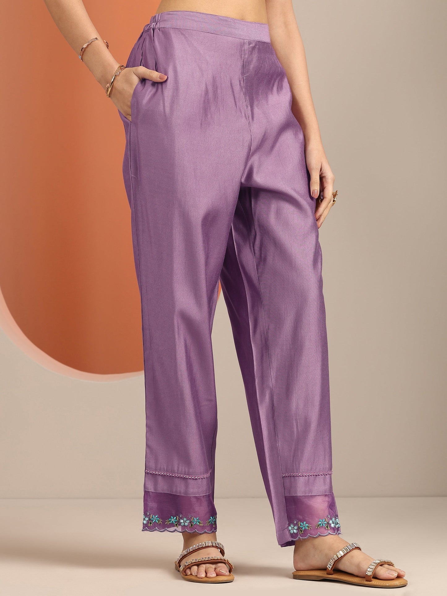 Mauve Embroidered Silk Blend Straight Suit Set With Dupatta