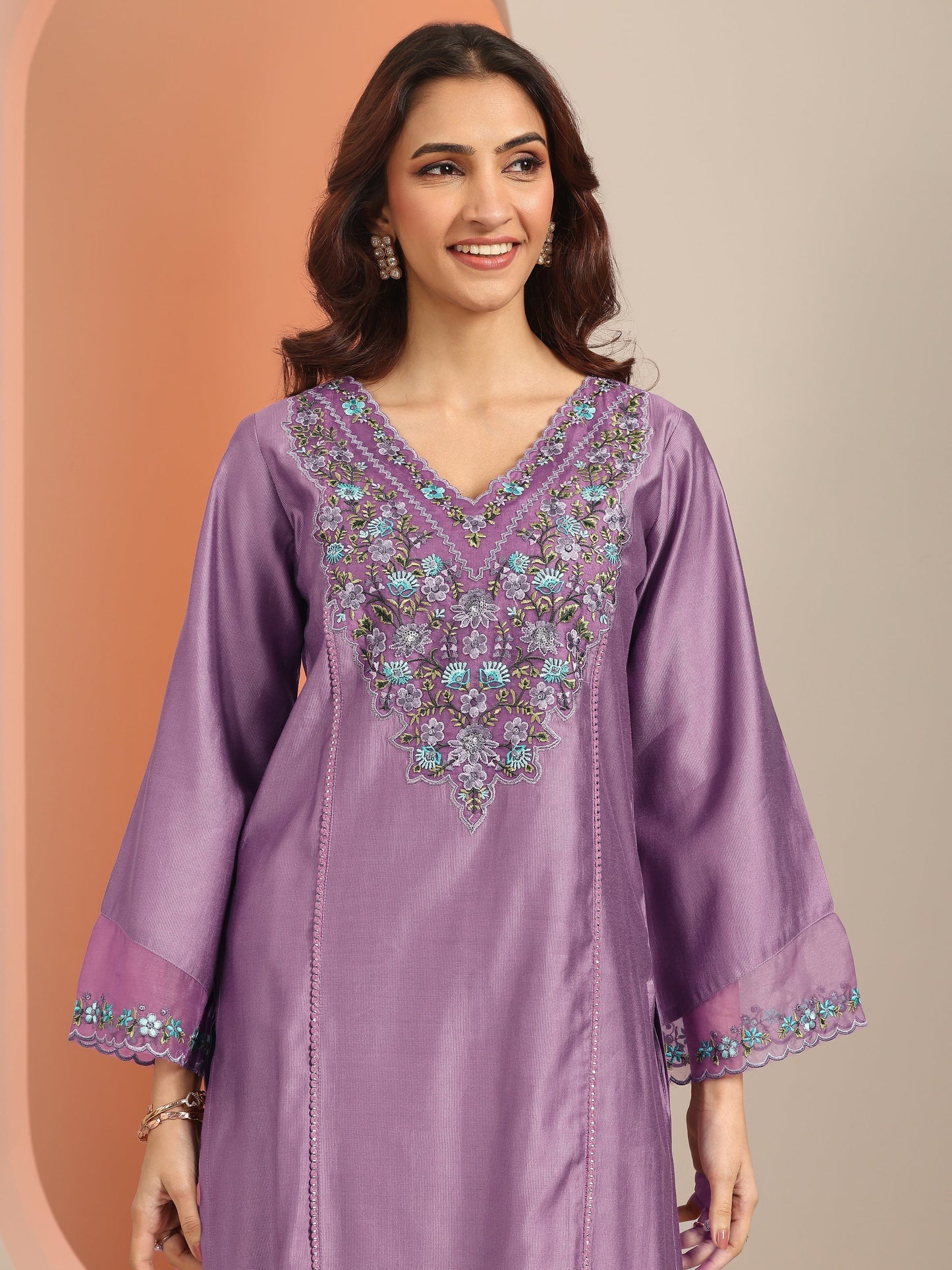 Mauve Embroidered Silk Blend Straight Suit Set With Dupatta