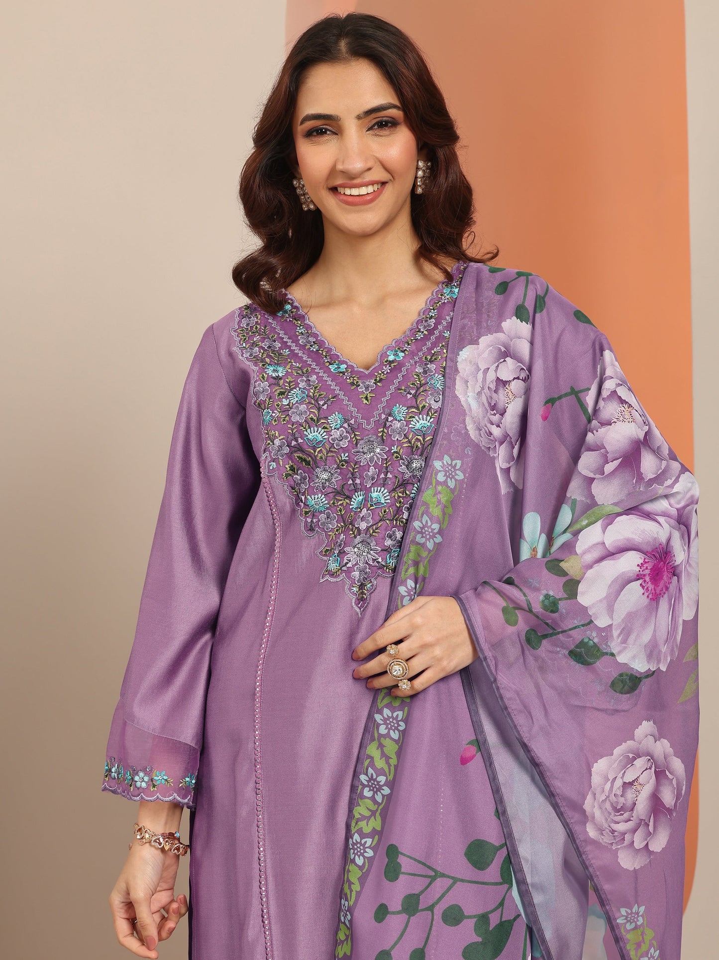 Mauve Embroidered Silk Blend Straight Suit Set With Dupatta