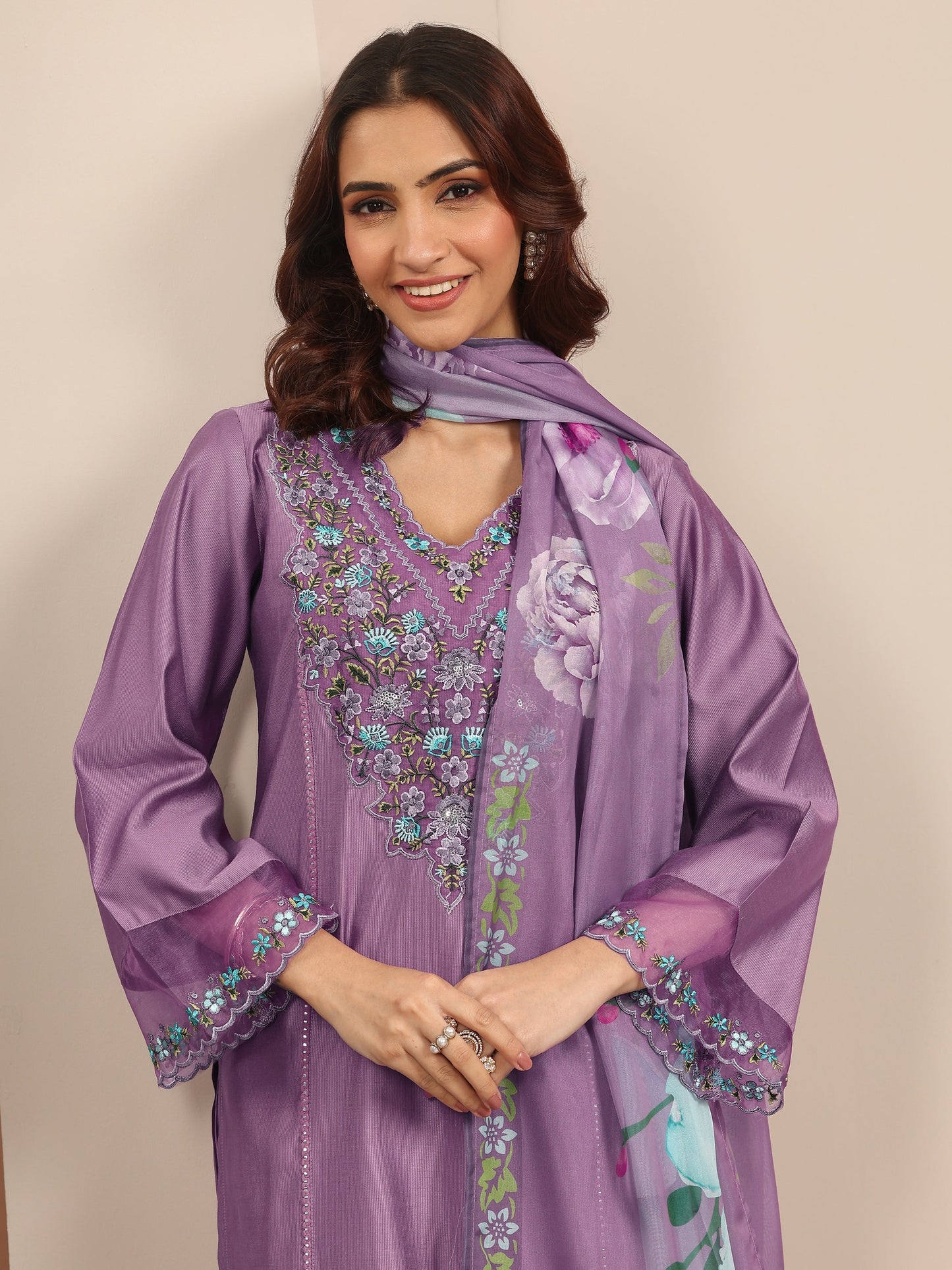 Mauve Embroidered Silk Blend Straight Suit Set With Dupatta