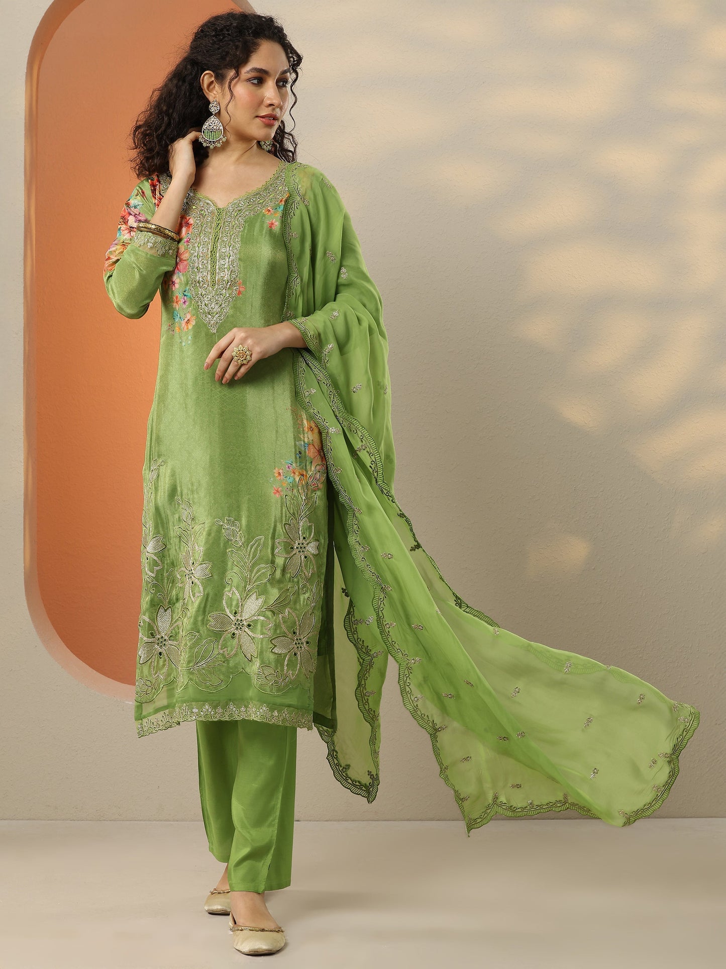Libas Art Green Embroidered Crepe Straight Suit Set With Dupatta