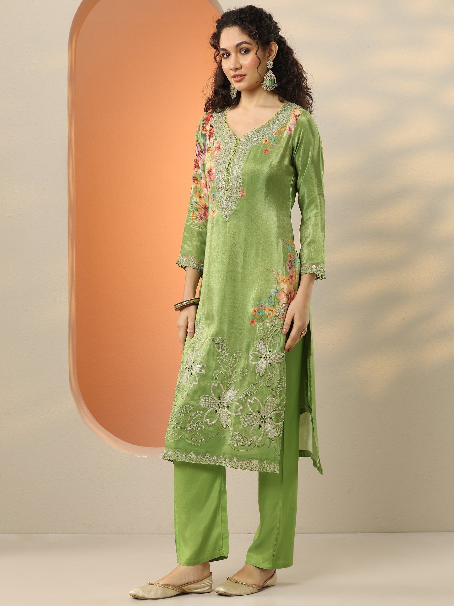 Libas Art Green Embroidered Crepe Straight Suit Set With Dupatta