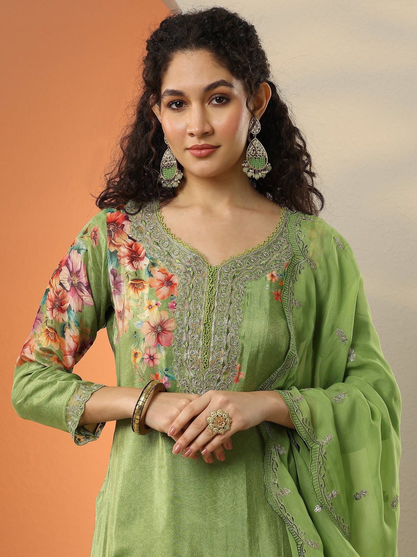 Libas Art Green Embroidered Crepe Straight Suit Set With Dupatta