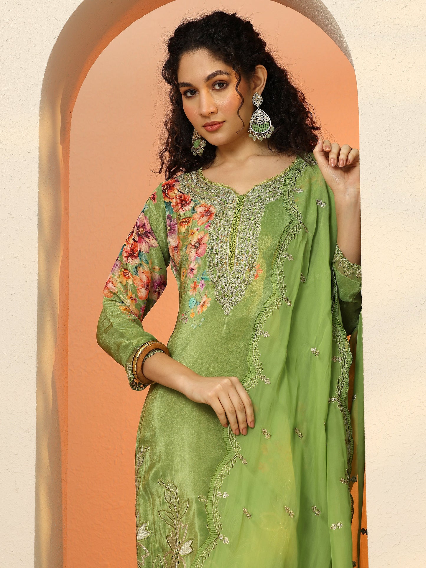 Libas Art Green Embroidered Crepe Straight Suit Set With Dupatta