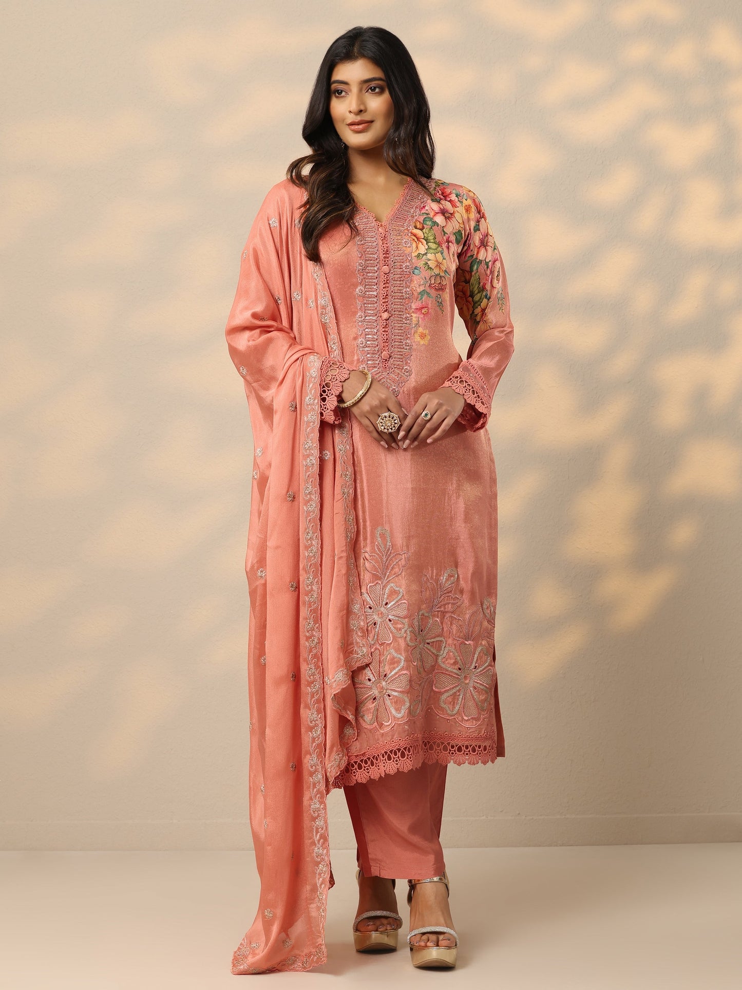 Libas Art Peach Embroidered Crepe Straight Suit Set With Dupatta
