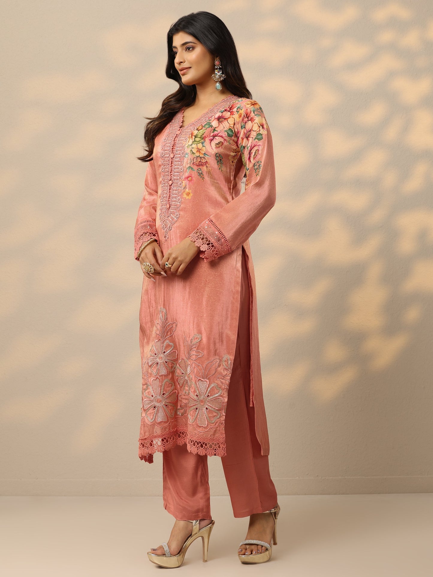 Libas Art Peach Embroidered Crepe Straight Suit Set With Dupatta