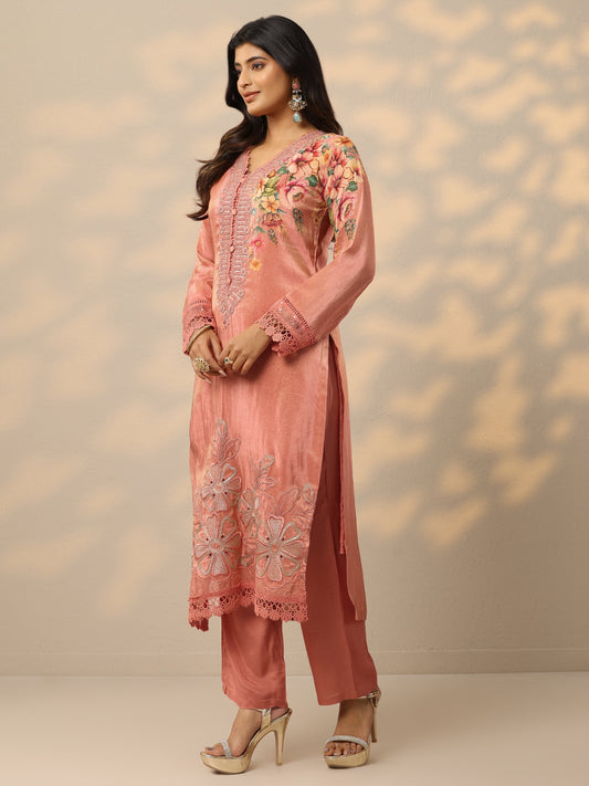 Libas Art Peach Embroidered Crepe Straight Suit Set With Dupatta
