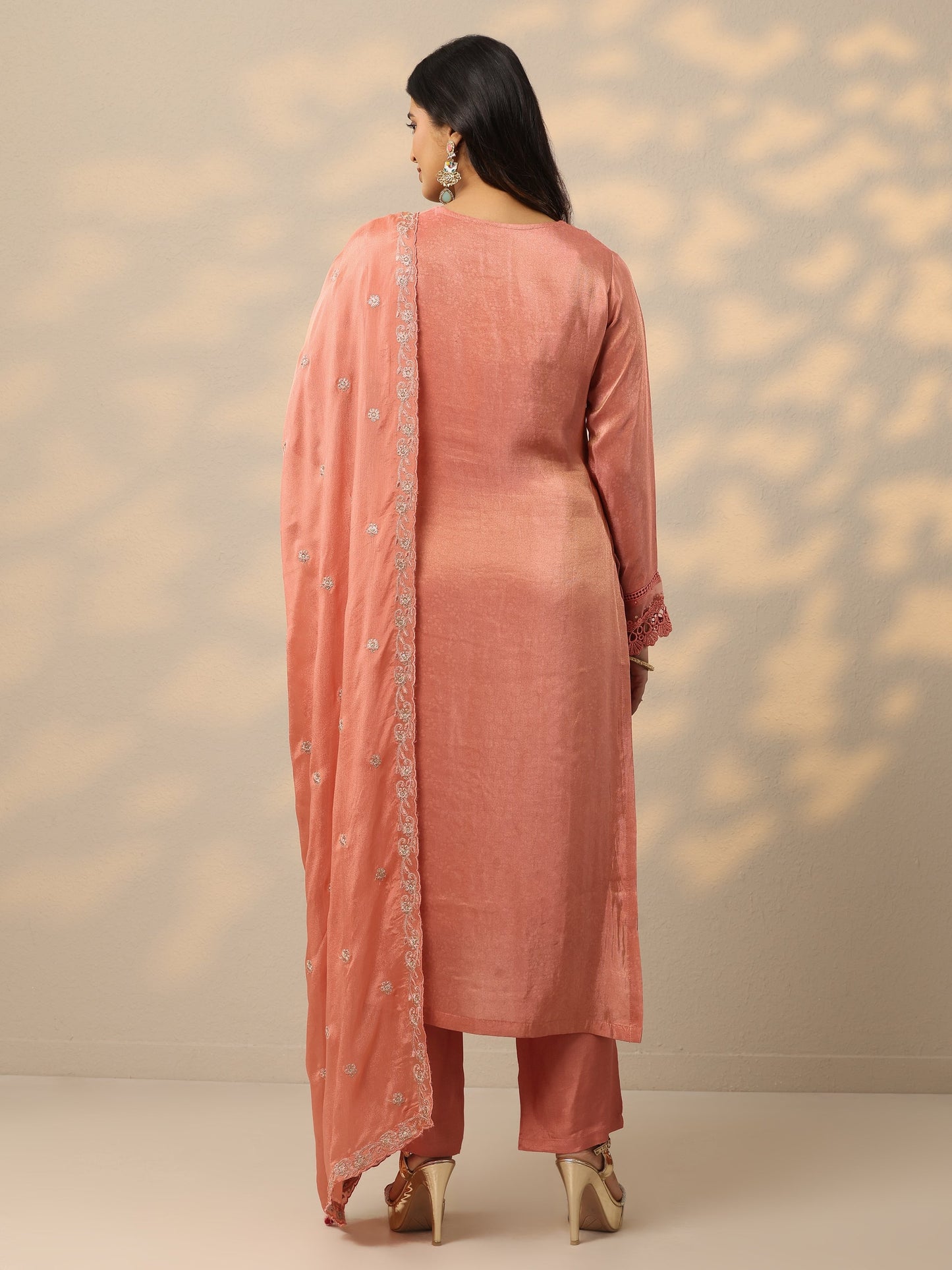 Libas Art Peach Embroidered Crepe Straight Suit Set With Dupatta