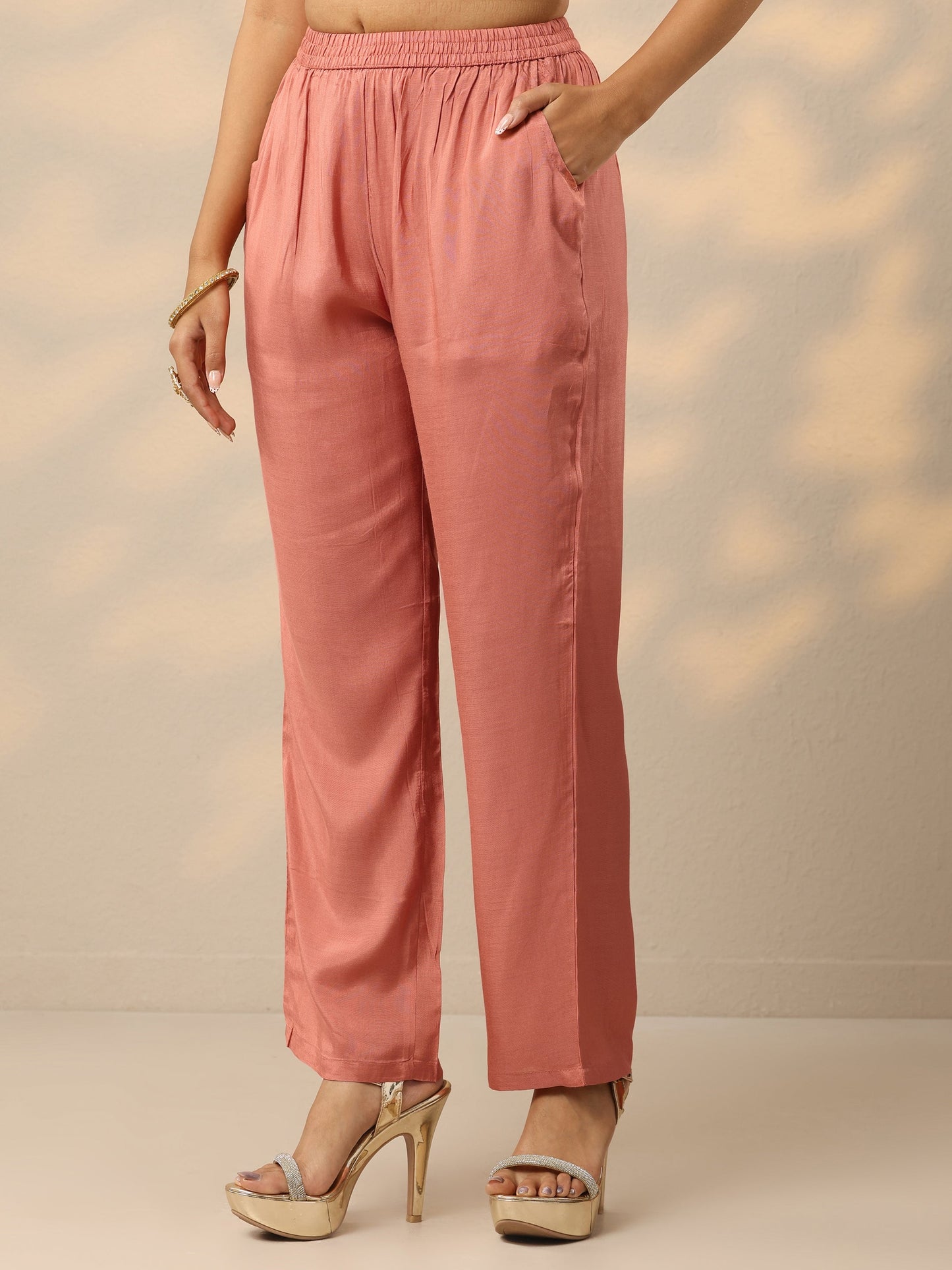 Libas Art Peach Embroidered Crepe Straight Suit Set With Dupatta